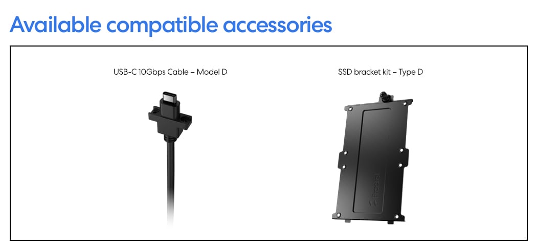 USB-C cable and SSD bracket kit which are compatible with the case are on display 